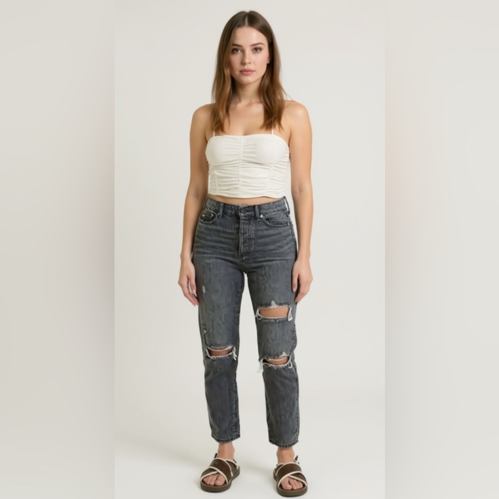 BDG High-Waisted Distressed Slim Straight Jeans Faded Washed Black Size 25
